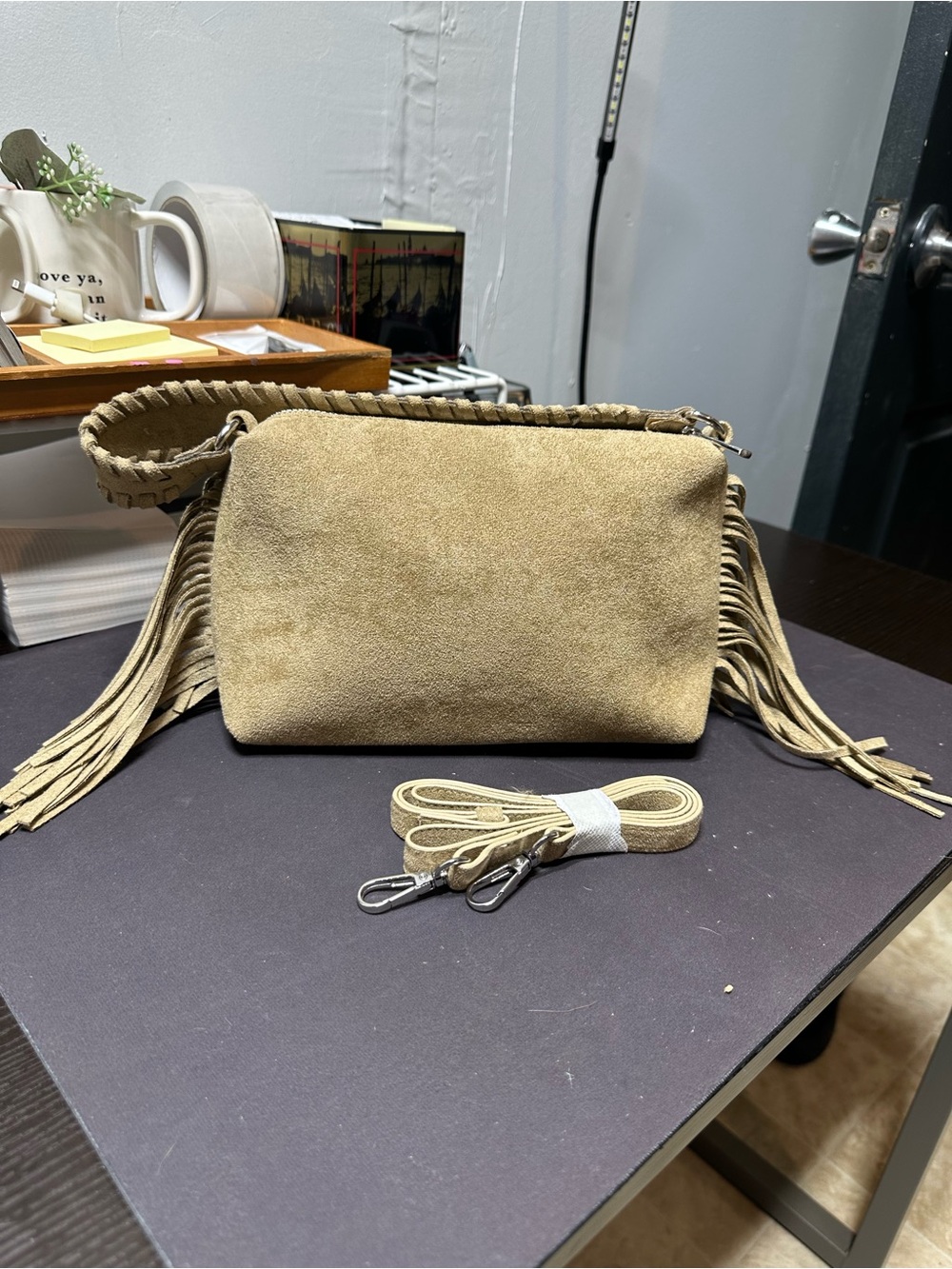 Suede Fringe Crossbody Shoulder Bag in Tan